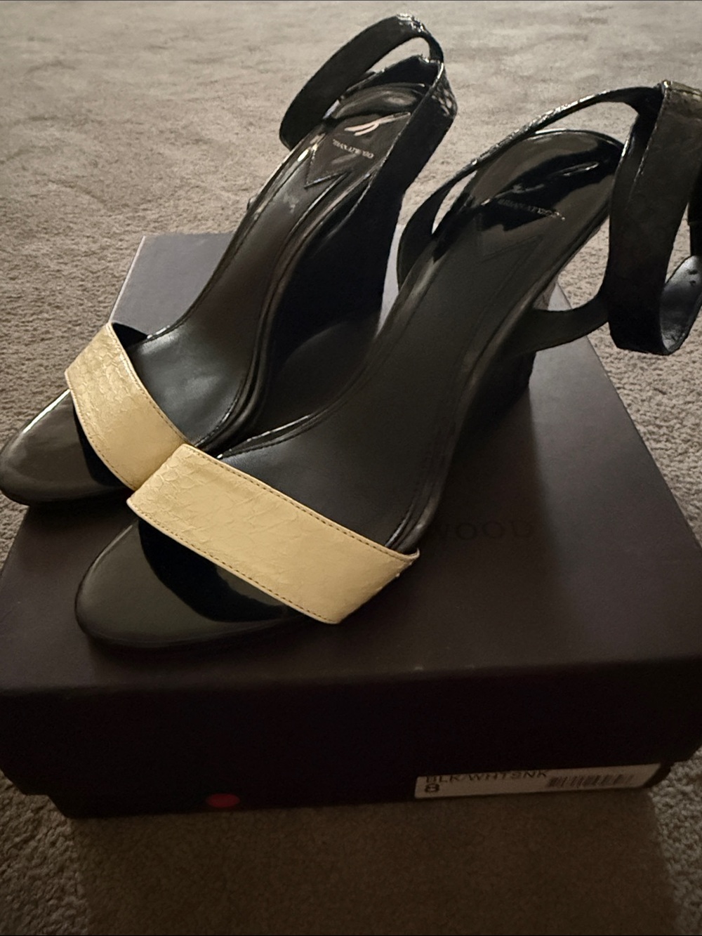 Brian Atwood Black and Cream Patent Slingback Heels